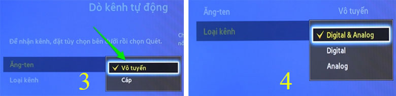 cách dò kênh tivi Samsung bước 3 và 4