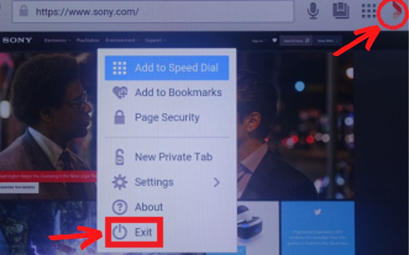 Thoát trình duyệt web trên tivi Sony