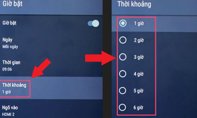 Cài đặt khoảng thời gian tắt tivi Cài đặt khoảng thời gian tắt tivi