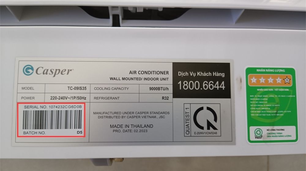 Serial điều hòa Casper được dán trên cục nóng/lạnh