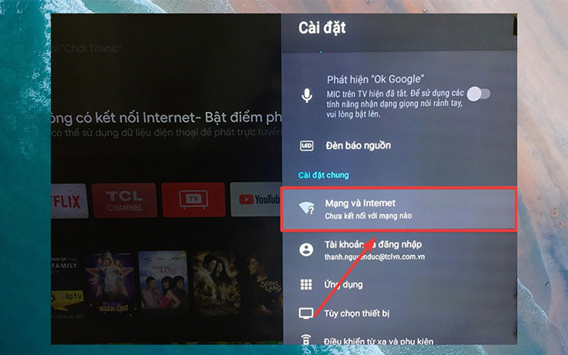 Chọn vào mục Mạng và Internet