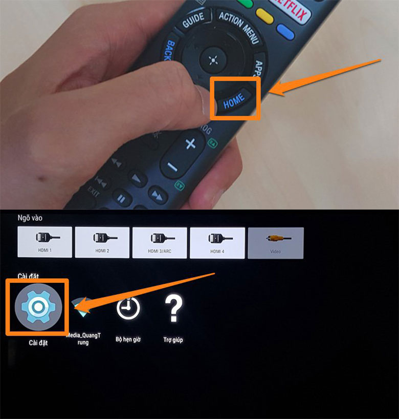 Chọn "HOME" để vào giao diện tivi Sony và chọn "Cài đặt" để vào cài đặt bluebooth