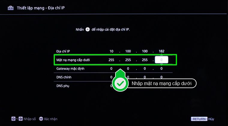 Mặt nạ mạng cấp dưới thường là 255.255.255.0