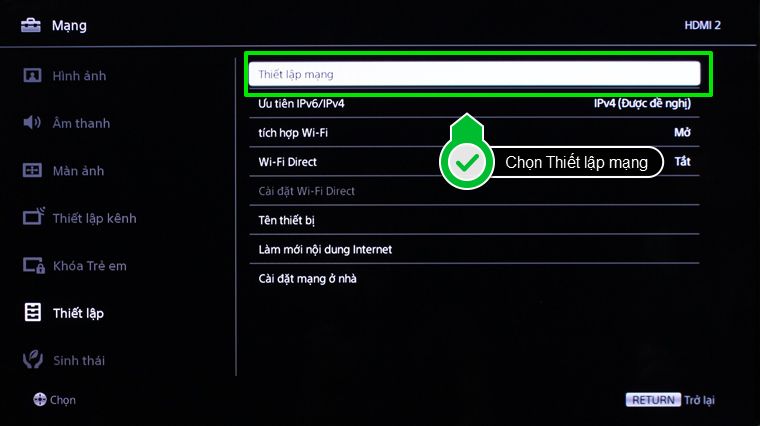 Chọn Thiết lập mạng