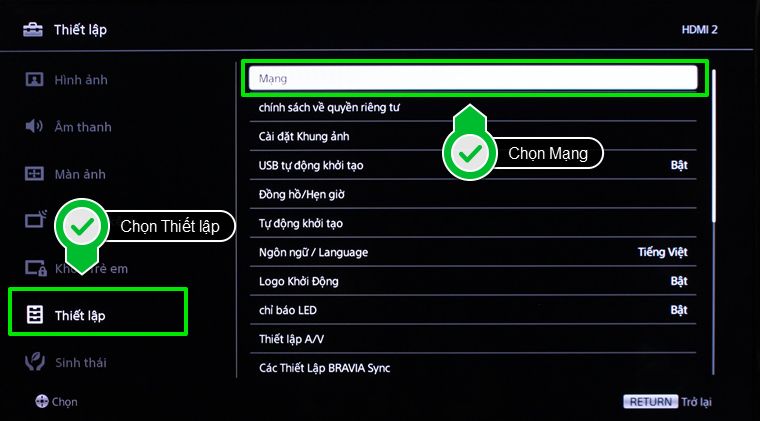 Chọn Thiết lập sau đó chọn Mạng