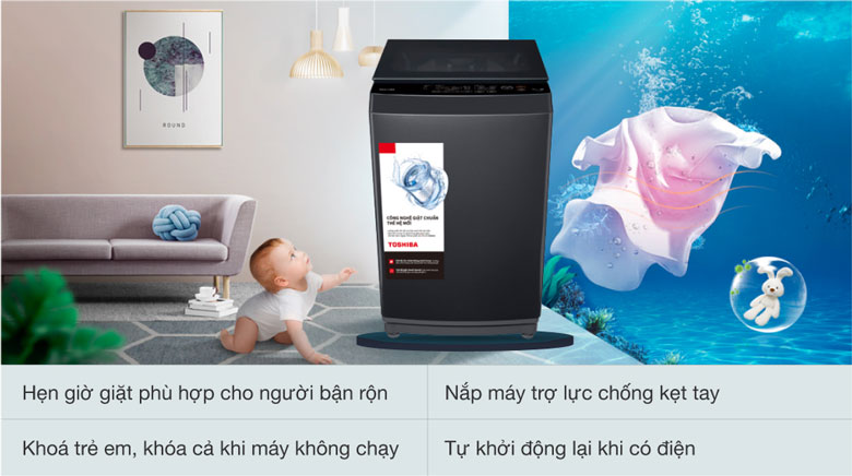 Máy giặt Toshiba 8kg AW-M905BV(MK) lồng đứng - Tích hợp nhiều tiện ích