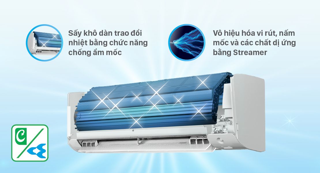Tổng kho điều hòa, điện máy miền Bắc tại Hà Nội Chức năng Chống ẩm mốc kết hợp Streamer là công nghệ tiên tiến